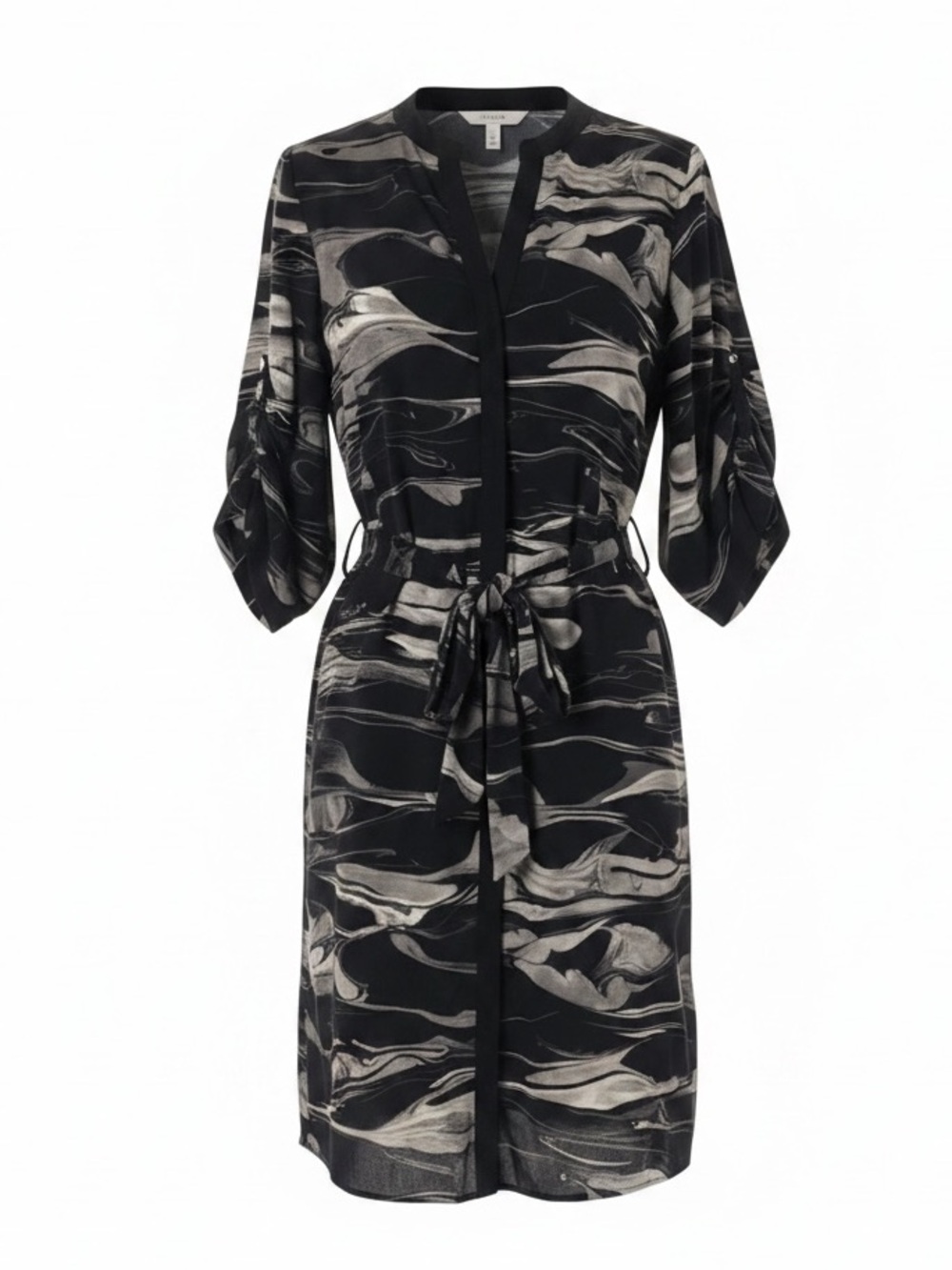 DKNYC Black & Greige Marble Print Button-Front Midi Shirt Dress Sz M Roll Sleeve